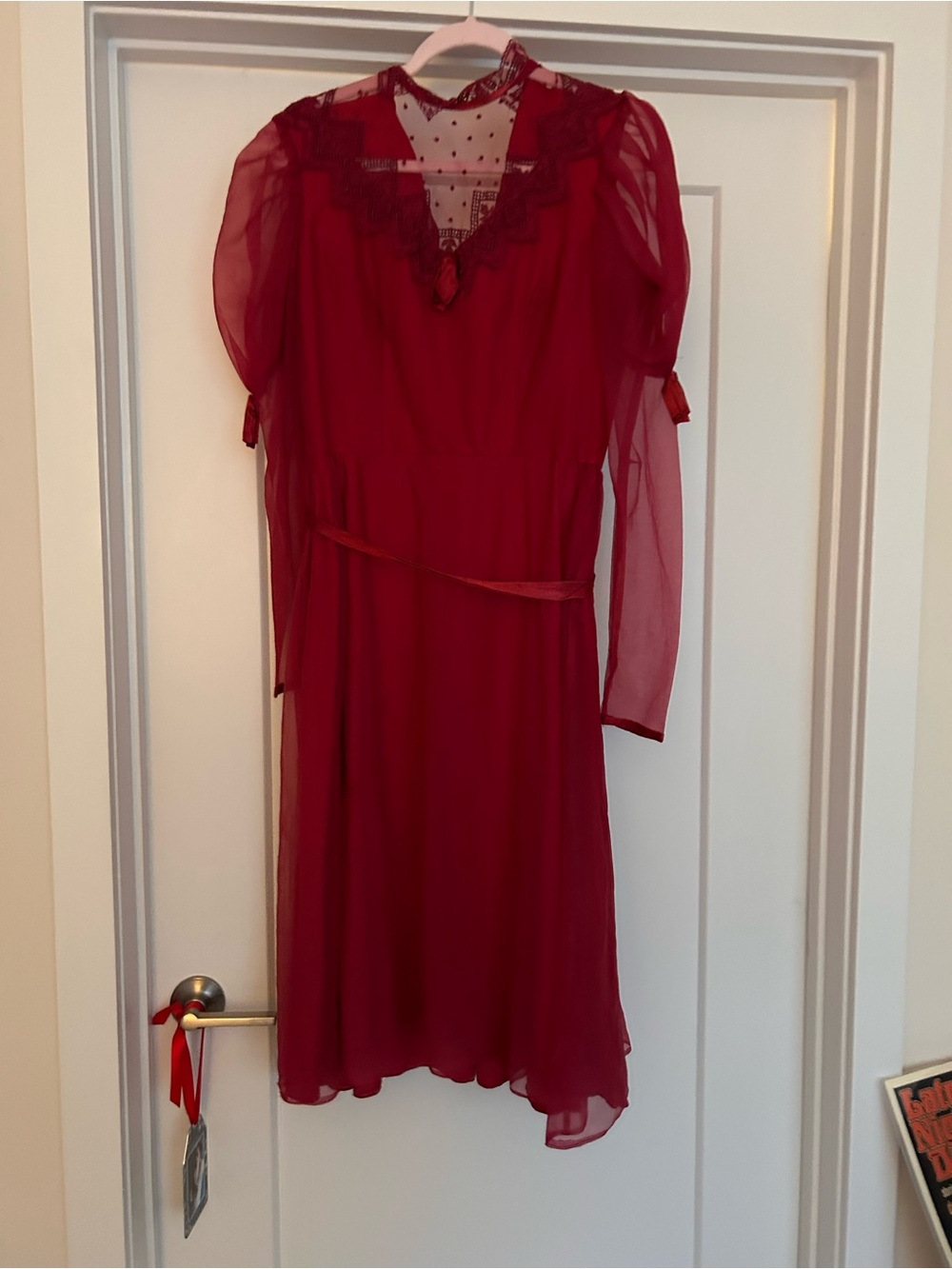 Red Sheer Long-Sleeve Midi Dress